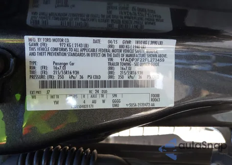 2015 Ford Focus Se из США, поврежденный, VIN 1FADP3F22FL273459